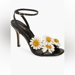 Larroudé Fiore Daisy Appliqué Heels Black Ivory Ankle Strap Sandals 8 NWT Rare